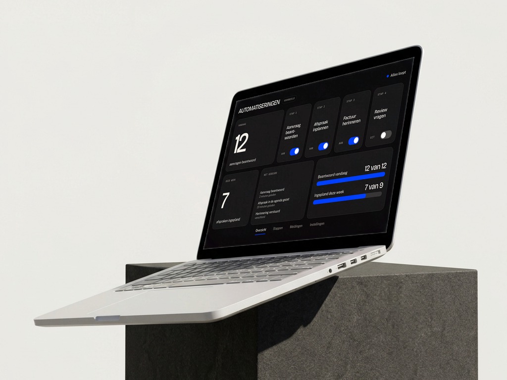 Laptop op een zwart blok met een voorbeelddashboard voor automatiseringen